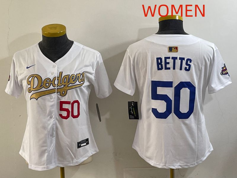 Women Los Angeles Dodgers #50 Betts White Champion edition Nike MLB Jersey style 003